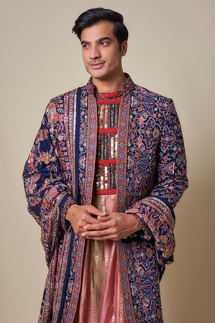 Blue Georgette Sequins & Bead Embroidered Groom Sherwani Set by Dapper & Dare at Pernia's Pop Up Shop