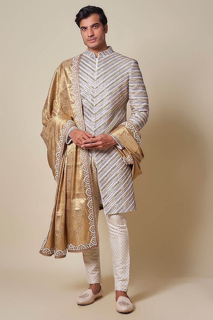 Ivory & Golden Pure Georgette Embroidered Sherwani Set by Dapper & Dare