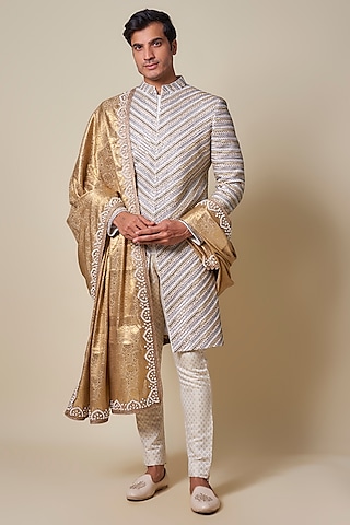 Ivory & Golden Pure Georgette Embroidered Sherwani Set by Dapper & Dare