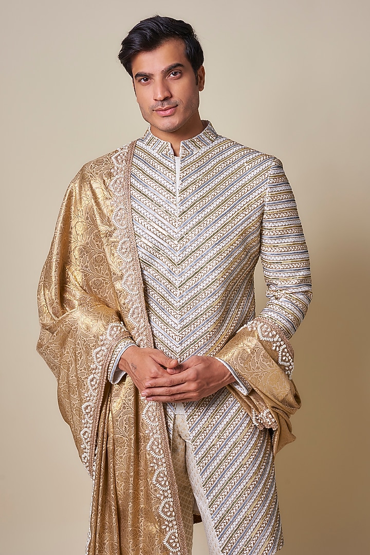 Ivory & Golden Pure Georgette Embroidered Groom Sherwani Set by Dapper & Dare at Pernia's Pop Up Shop