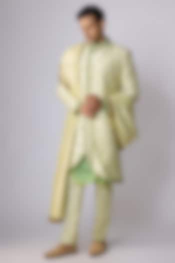 Green Raw Silk Cutdana Hand Embroidered Groom Sherwani Set by Dapper & Dare at Pernia's Pop Up Shop