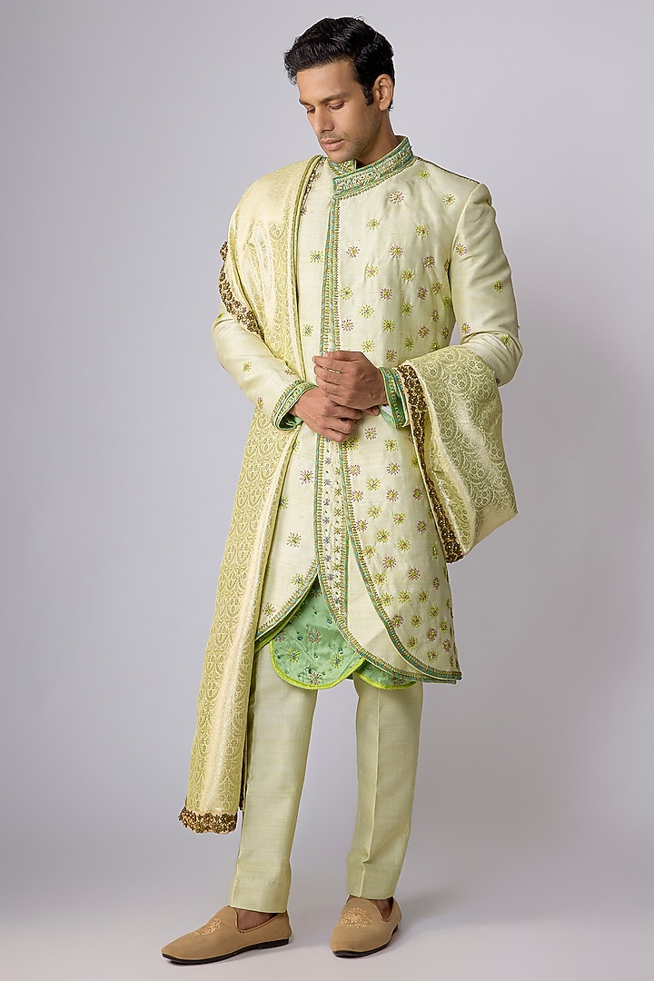 Green Raw Silk Cutdana Hand Embroidered Groom Sherwani Set by Dapper & Dare at Pernia's Pop Up Shop