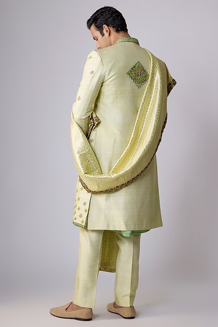Green Raw Silk Cutdana Hand Embroidered Groom Sherwani Set by Dapper & Dare at Pernia's Pop Up Shop