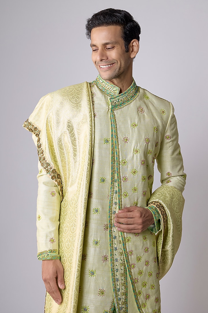 Green Raw Silk Cutdana Hand Embroidered Groom Sherwani Set by Dapper & Dare at Pernia's Pop Up Shop