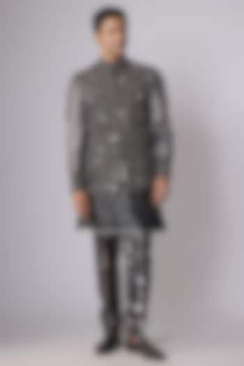 Black Shimmer Jacquard Embellished Groom Indowestern Set by Dapper & Dare at Pernia's Pop Up Shop