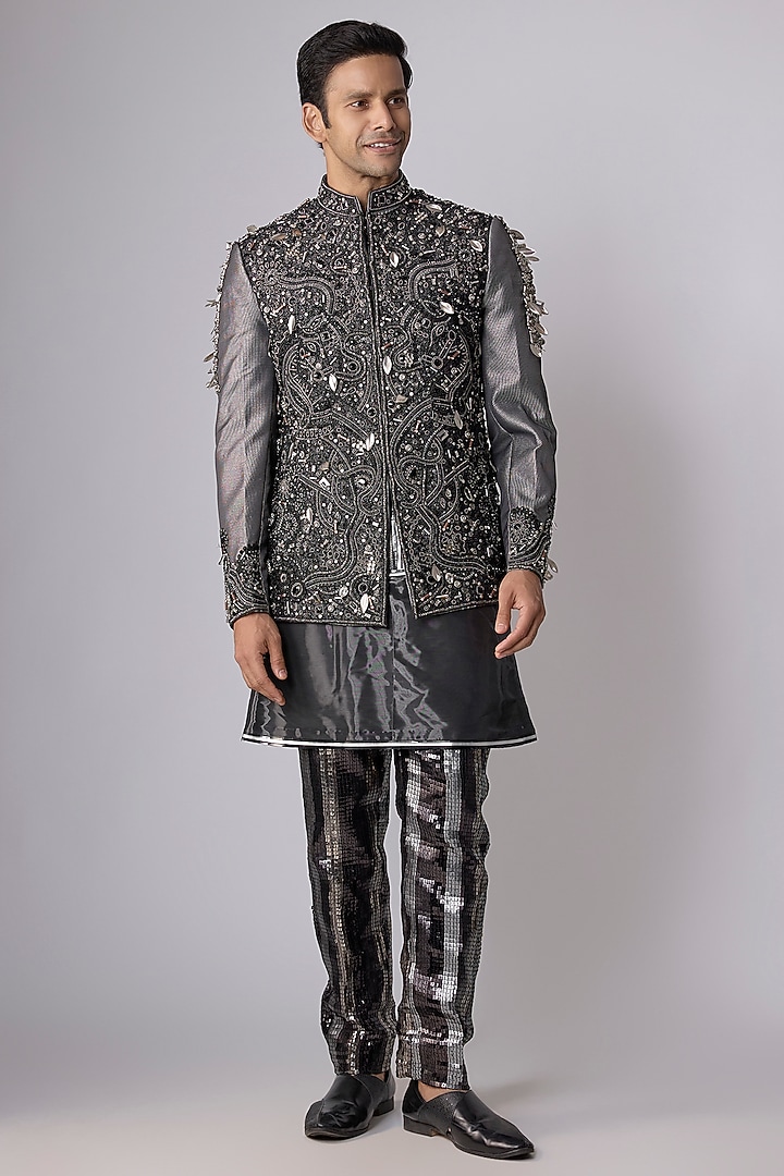 Black Shimmer Jacquard Embellished Groom Indowestern Set by Dapper & Dare at Pernia's Pop Up Shop