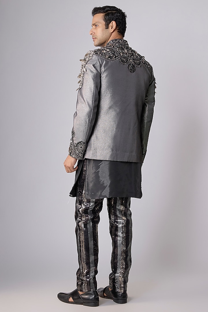 Black Shimmer Jacquard Embellished Groom Indowestern Set by Dapper & Dare at Pernia's Pop Up Shop