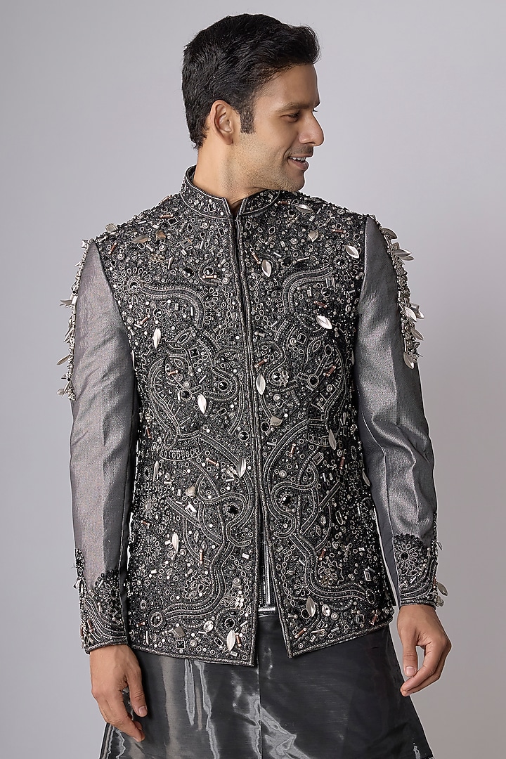 Black Shimmer Jacquard Embellished Groom Indowestern Set by Dapper & Dare at Pernia's Pop Up Shop