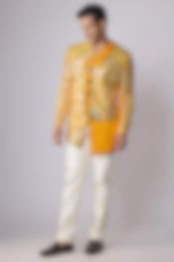Yellow Silk Satin Resham & Cutdana Work Asymmetric Jacket Set by Dapper & Dare at Pernia's Pop Up Shop
