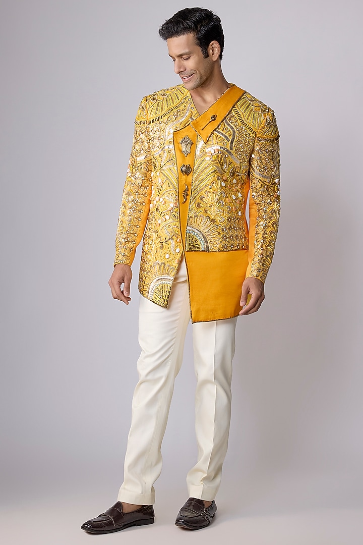 Yellow Silk Satin Resham & Cutdana Work Asymmetric Jacket Set by Dapper & Dare at Pernia's Pop Up Shop