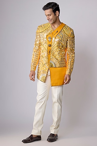 Yellow Silk Satin Resham & Cutdana Work Asymmetric Jacket Set by Dapper & Dare