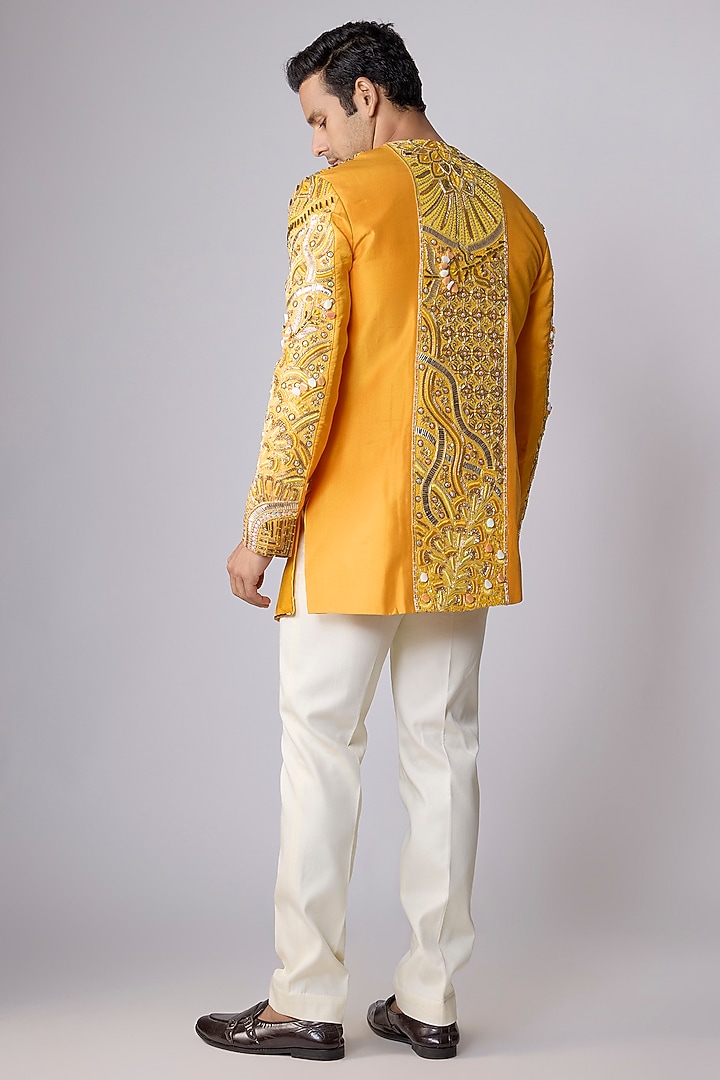 Yellow Silk Satin Resham & Cutdana Work Asymmetric Jacket Set by Dapper & Dare at Pernia's Pop Up Shop