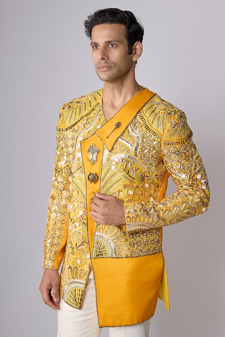 Yellow Silk Satin Resham & Cutdana Work Asymmetric Jacket Set by Dapper & Dare at Pernia's Pop Up Shop