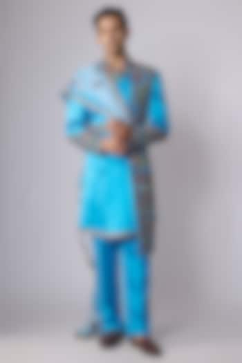 Blue Silk Satin Sequin Hand Embroidered Groom Sherwani Set by Dapper & Dare at Pernia's Pop Up Shop