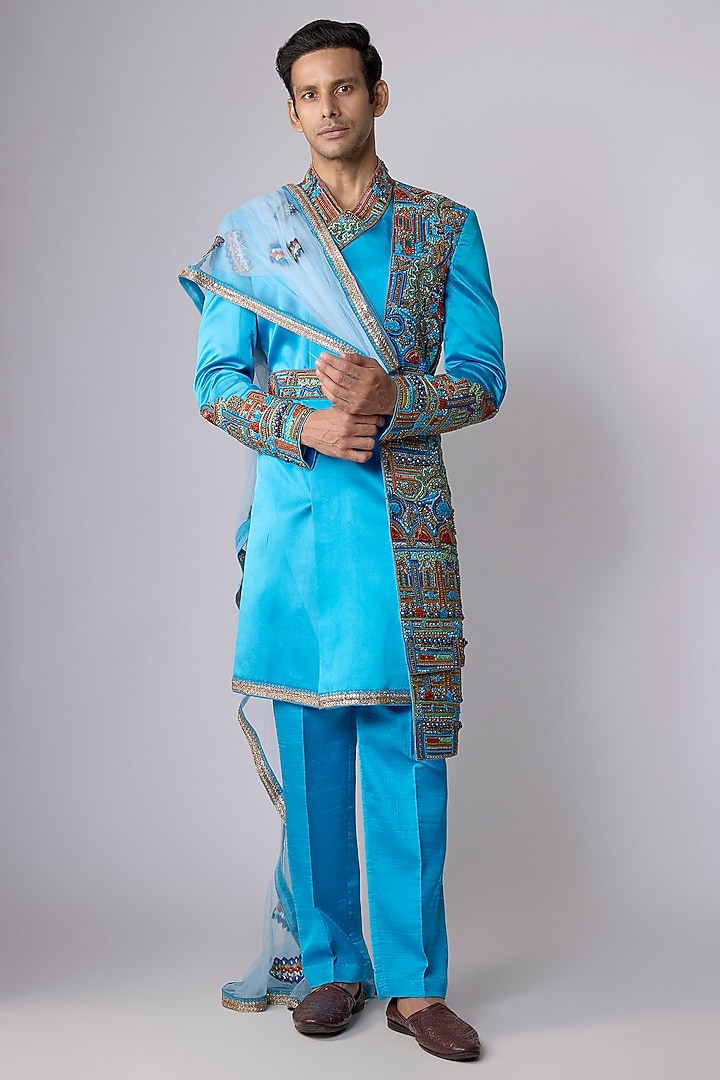 Blue Silk Satin Sequin Hand Embroidered Groom Sherwani Set by Dapper & Dare at Pernia's Pop Up Shop