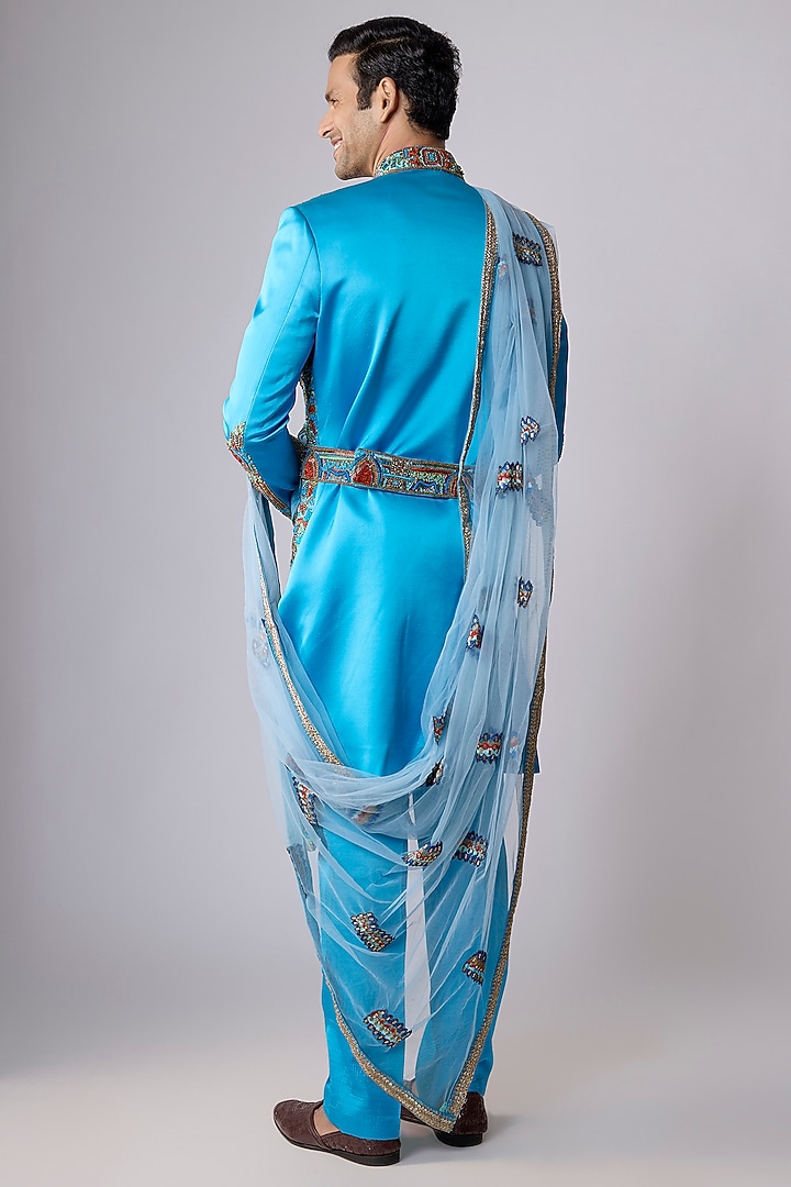 Blue Silk Satin Sequin Hand Embroidered Groom Sherwani Set by Dapper & Dare at Pernia's Pop Up Shop