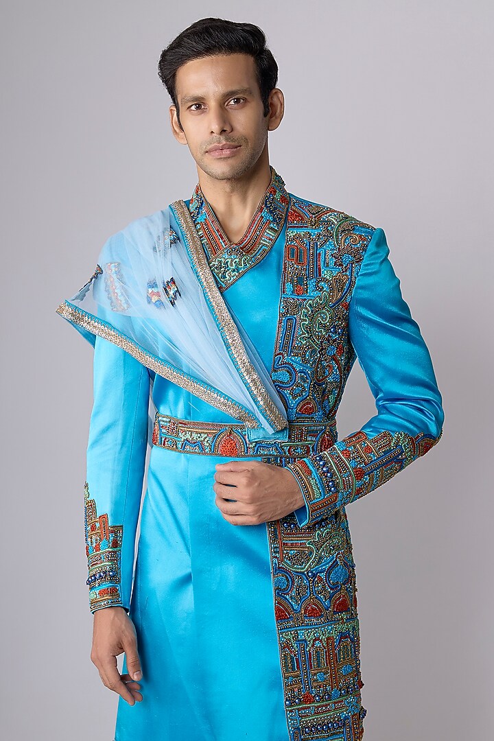 Blue Silk Satin Sequin Hand Embroidered Groom Sherwani Set by Dapper & Dare at Pernia's Pop Up Shop