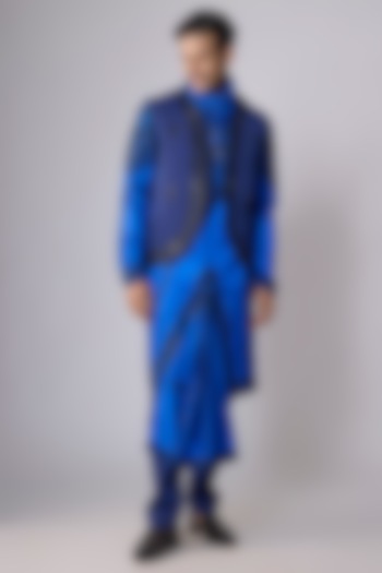 Blue Japanese Crepe Mirror Embroidered Bundi Jacket Set by Dapper & Dare at Pernia's Pop Up Shop