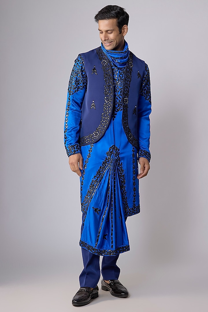 Blue Japanese Crepe Mirror Embroidered Bundi Jacket Set by Dapper & Dare at Pernia's Pop Up Shop