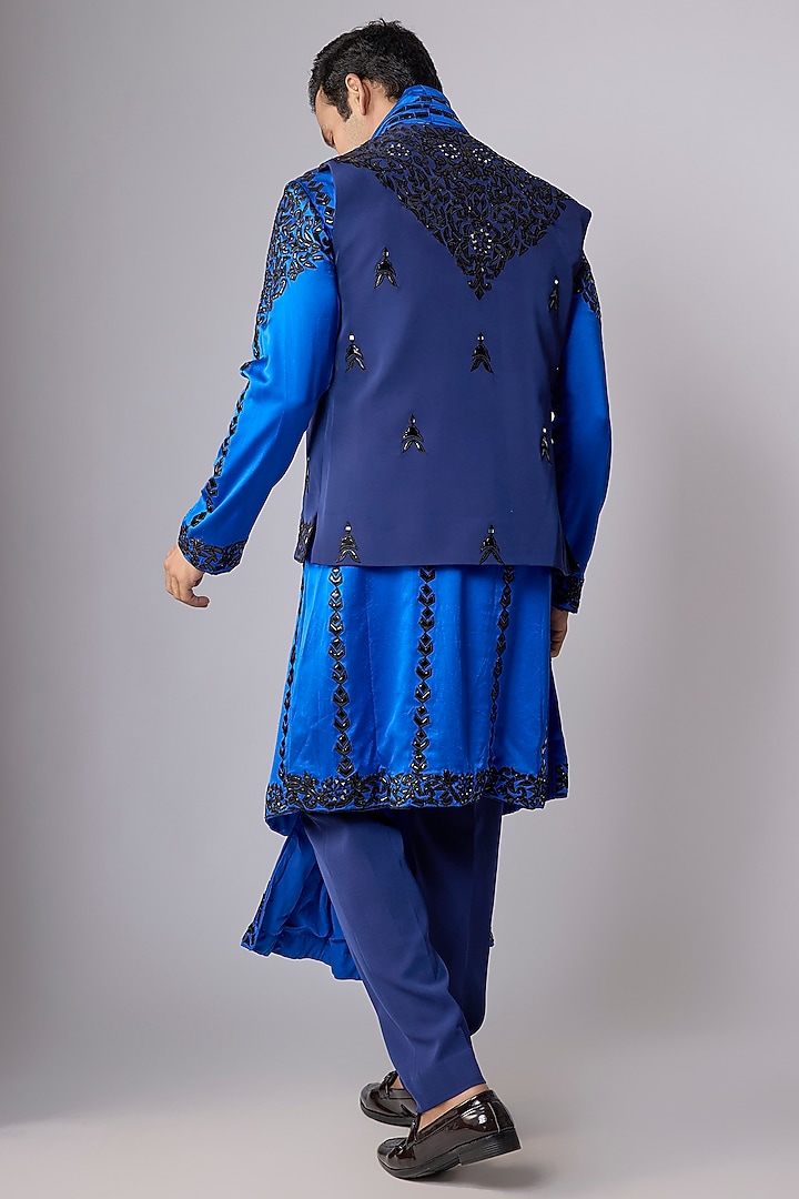Blue Japanese Crepe Mirror Embroidered Bundi Jacket Set by Dapper & Dare at Pernia's Pop Up Shop