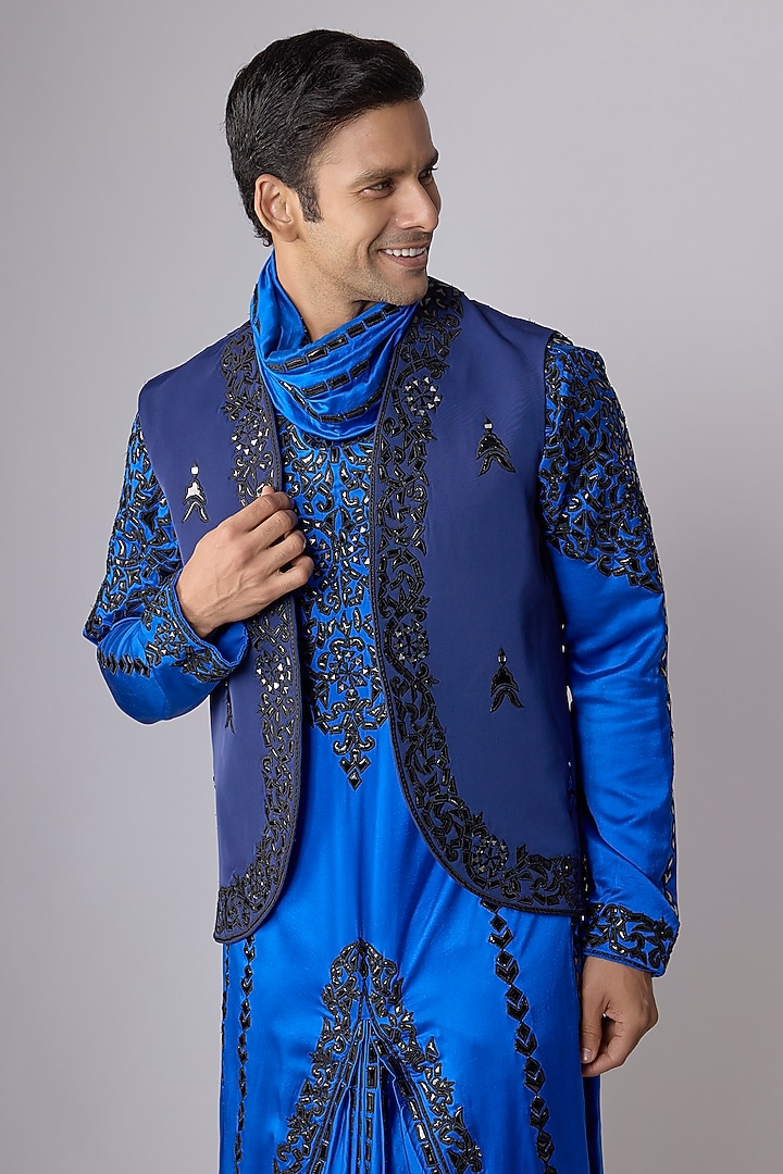 Blue Japanese Crepe Mirror Embroidered Bundi Jacket Set by Dapper & Dare at Pernia's Pop Up Shop