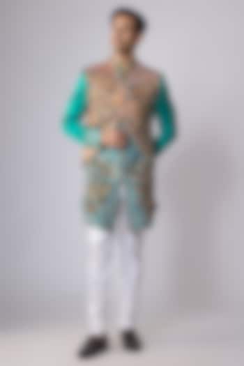 Sea Green Silk Satin Cutdana Embellished Groom Sherwani Set by Dapper & Dare at Pernia's Pop Up Shop