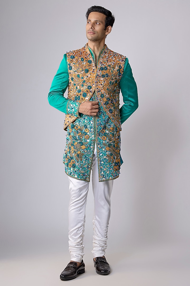 Sea Green Silk Satin Cutdana Embellished Groom Sherwani Set by Dapper & Dare at Pernia's Pop Up Shop