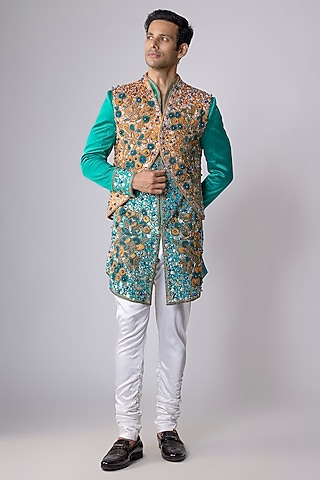 Sea Green Silk Satin Cutdana Embellished Sherwani Set by Dapper & Dare