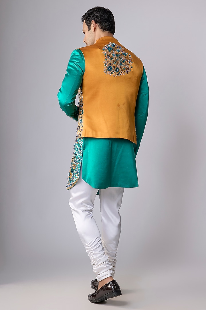 Sea Green Silk Satin Cutdana Embellished Groom Sherwani Set by Dapper & Dare at Pernia's Pop Up Shop