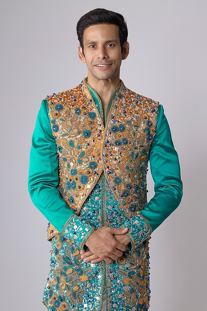 Sea Green Silk Satin Cutdana Embellished Groom Sherwani Set by Dapper & Dare at Pernia's Pop Up Shop