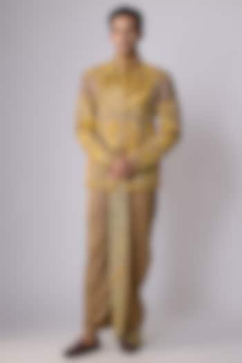 Yellow Japanese Crepe Embellished Groom Bandhgala Set by Dapper & Dare at Pernia's Pop Up Shop