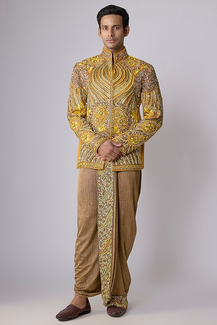 Yellow Japanese Crepe Embellished Groom Bandhgala Set by Dapper & Dare at Pernia's Pop Up Shop