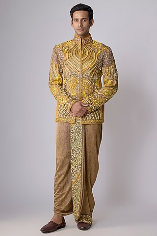 Yellow Japanese Crepe Embellished Bandhgala Set by Dapper & Dare