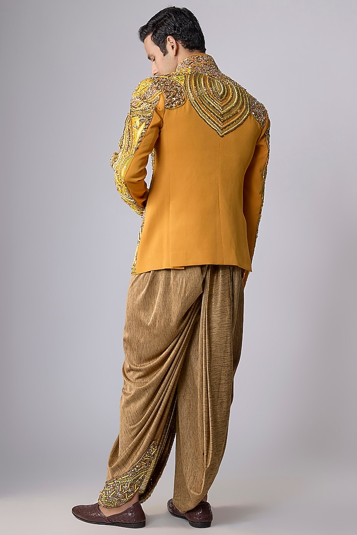 Yellow Japanese Crepe Embellished Groom Bandhgala Set by Dapper & Dare at Pernia's Pop Up Shop