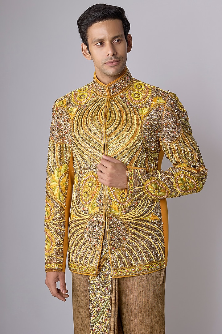 Yellow Japanese Crepe Embellished Groom Bandhgala Set by Dapper & Dare at Pernia's Pop Up Shop