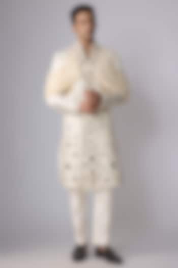 Ivory Silk Satin Mirror Work Groom Sherwani Set by Dapper & Dare at Pernia's Pop Up Shop