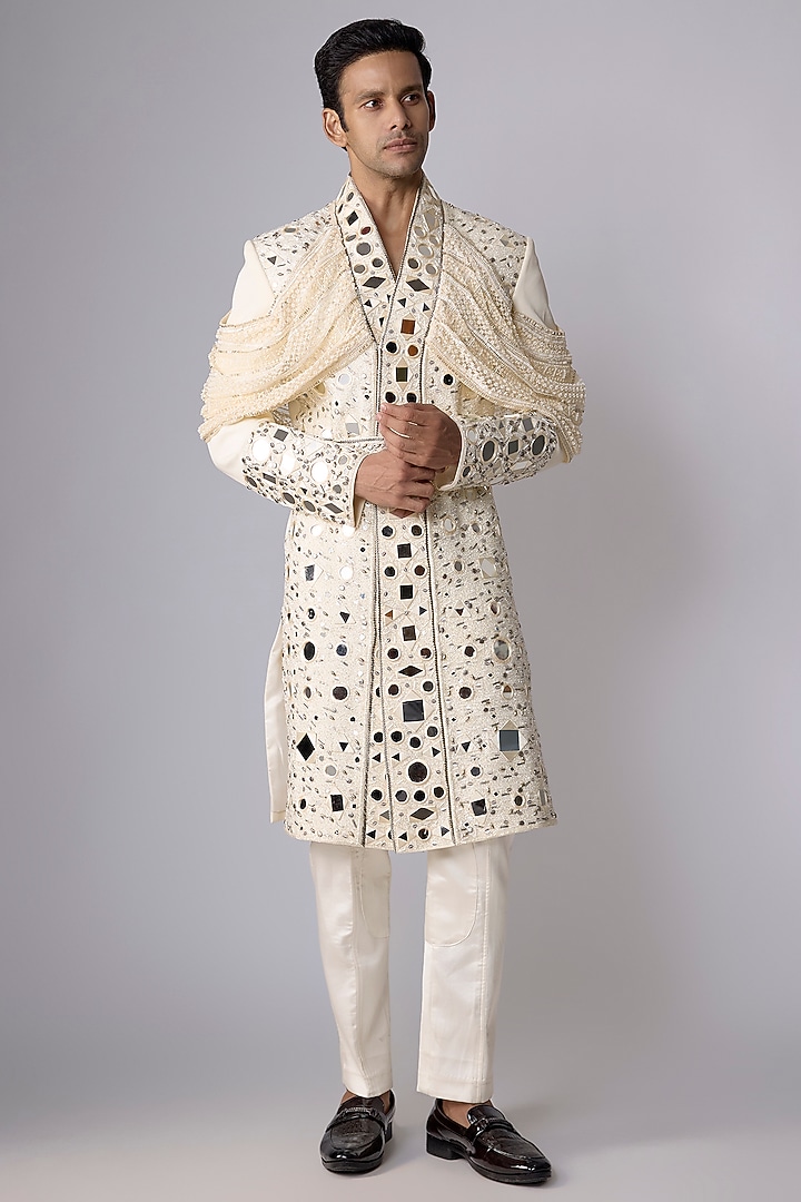 Ivory Silk Satin Mirror Work Groom Sherwani Set by Dapper & Dare at Pernia's Pop Up Shop