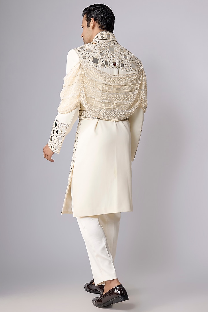 Ivory Silk Satin Mirror Work Groom Sherwani Set by Dapper & Dare at Pernia's Pop Up Shop