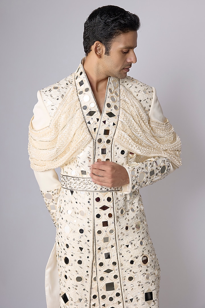 Ivory Silk Satin Mirror Work Groom Sherwani Set by Dapper & Dare at Pernia's Pop Up Shop