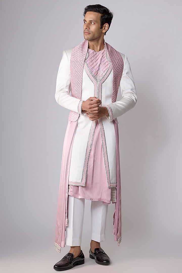 White Silk Satin Swarovski Embroidered Groom Sherwani Set by Dapper & Dare at Pernia's Pop Up Shop