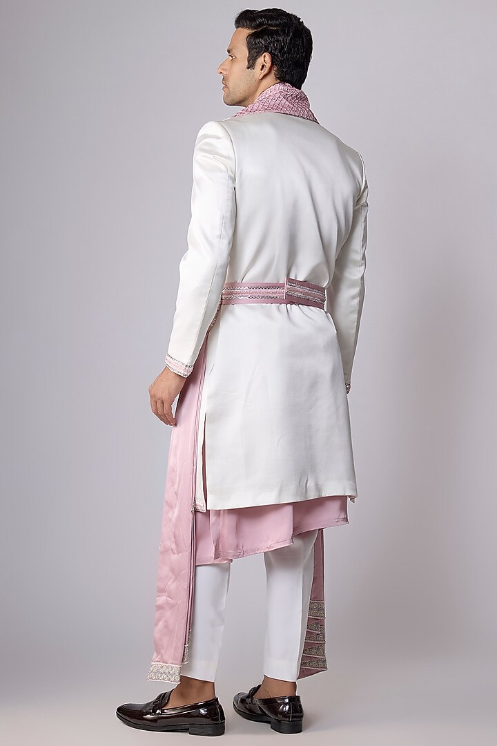 White Silk Satin Swarovski Embroidered Groom Sherwani Set by Dapper & Dare at Pernia's Pop Up Shop