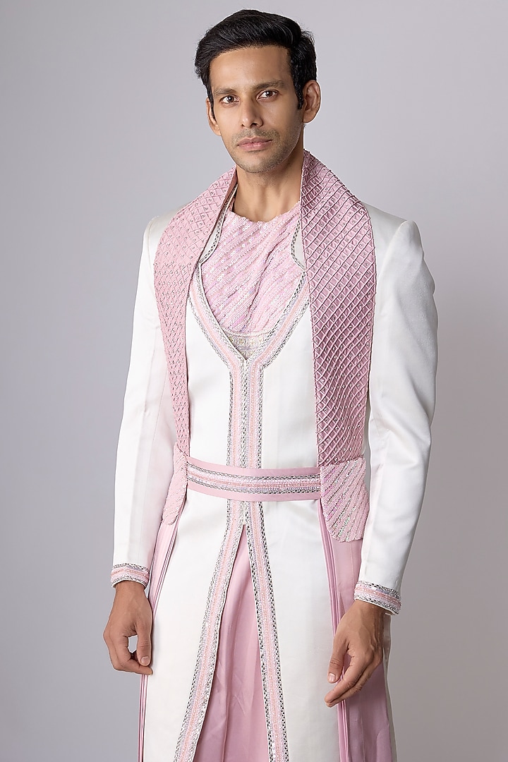 White Silk Satin Swarovski Embroidered Groom Sherwani Set by Dapper & Dare at Pernia's Pop Up Shop