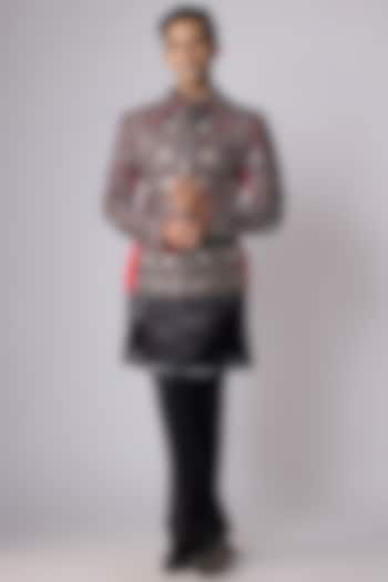 Red Japanese Crepe Embellished Jacket Set by Dapper & Dare at Pernia's Pop Up Shop