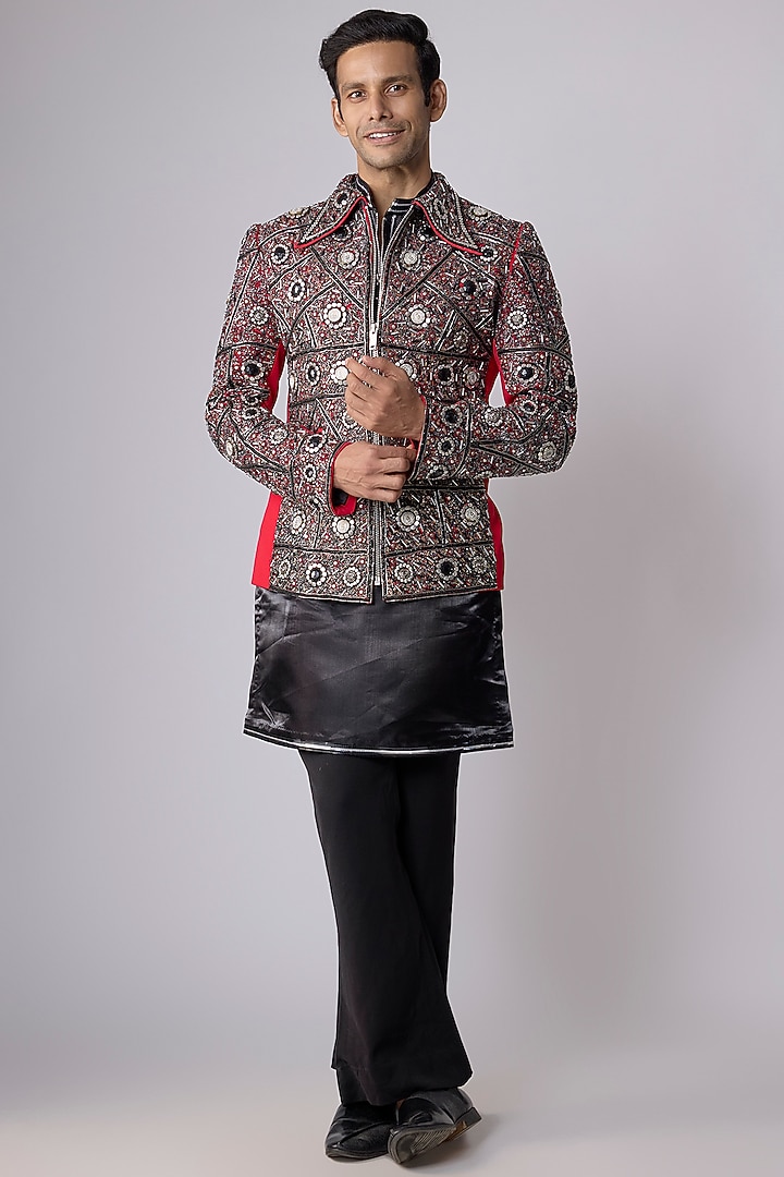 Red Japanese Crepe Embellished Jacket Set by Dapper & Dare at Pernia's Pop Up Shop