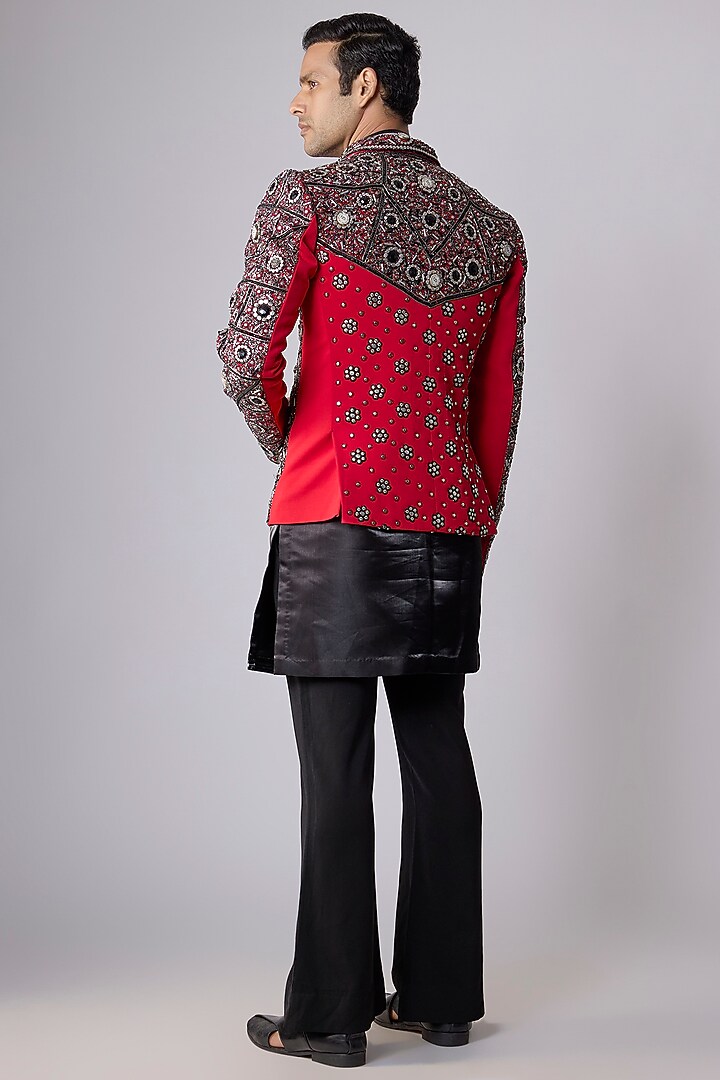 Red Japanese Crepe Embellished Jacket Set by Dapper & Dare at Pernia's Pop Up Shop