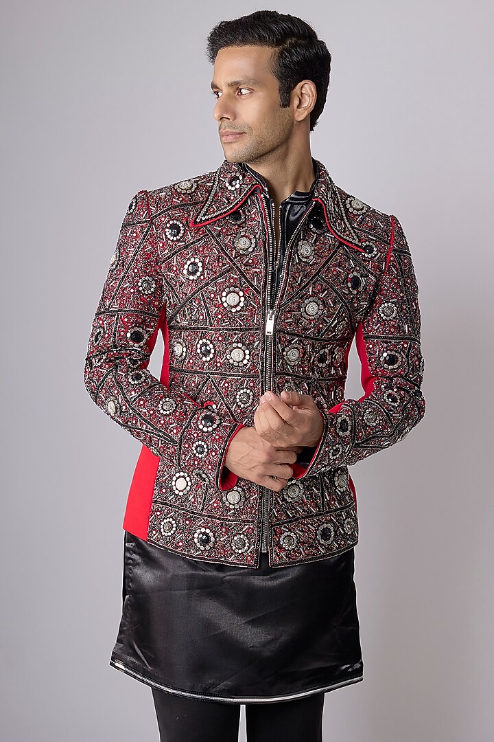Red Japanese Crepe Embellished Jacket Set by Dapper & Dare at Pernia's Pop Up Shop