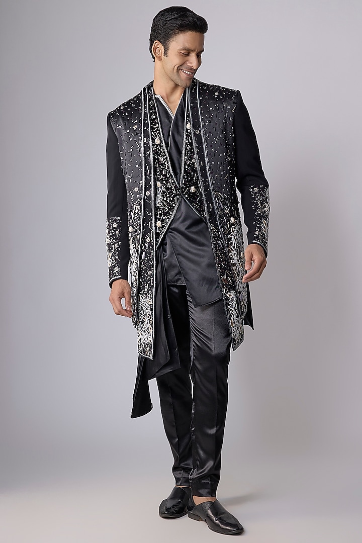 Black Silk Satin Sequin Embellished Groom Sherwani Set by Dapper & Dare at Pernia's Pop Up Shop