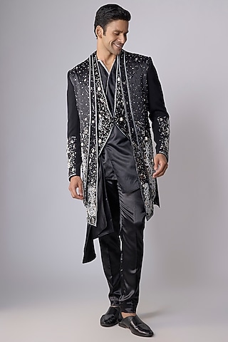 Black Silk Satin Sequin Embellished Sherwani Set by Dapper & Dare