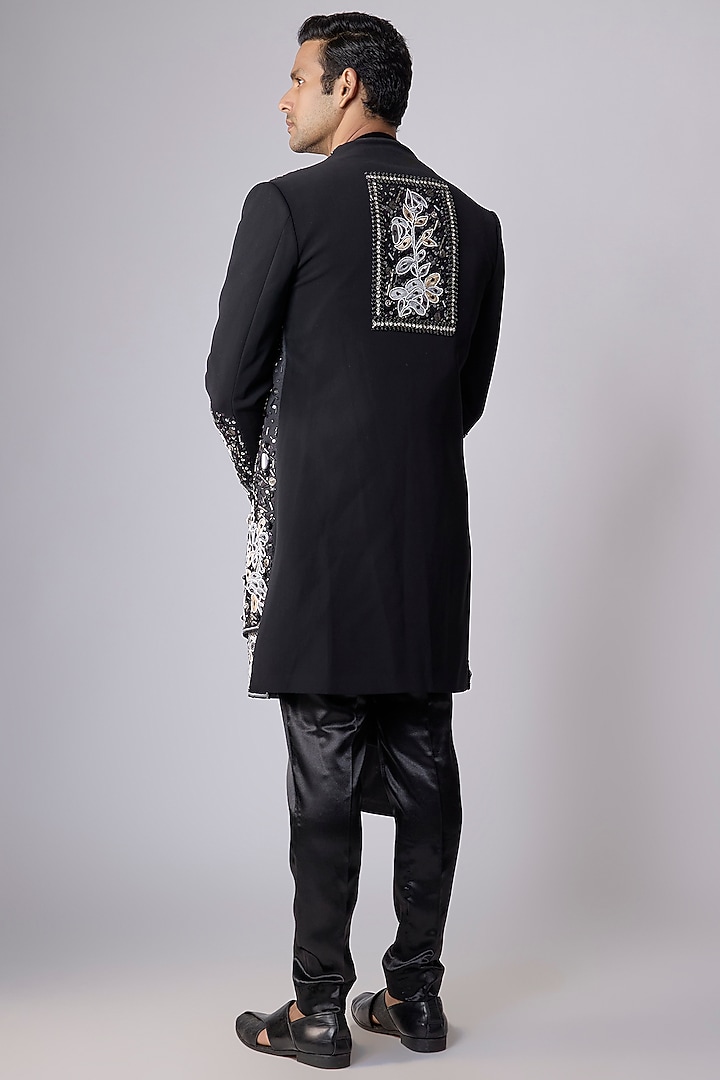 Black Silk Satin Sequin Embellished Groom Sherwani Set by Dapper & Dare at Pernia's Pop Up Shop