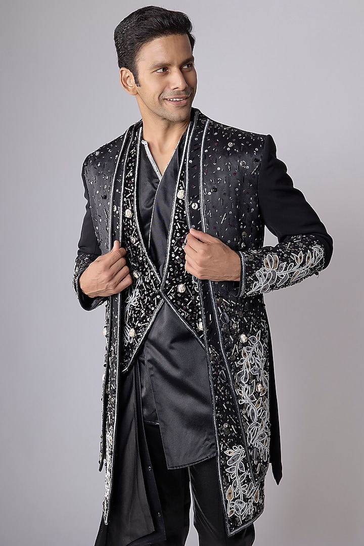 Black Silk Satin Sequin Embellished Groom Sherwani Set by Dapper & Dare at Pernia's Pop Up Shop